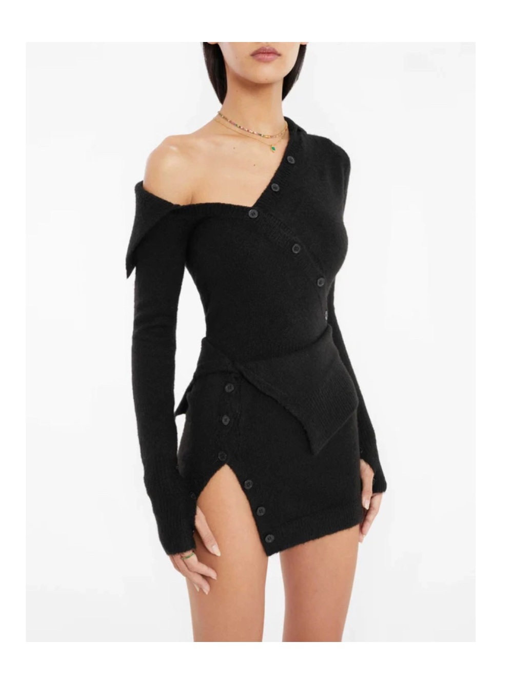 RUVE Asymmetric Button-Wrap Knit Mini Skirt Black XS